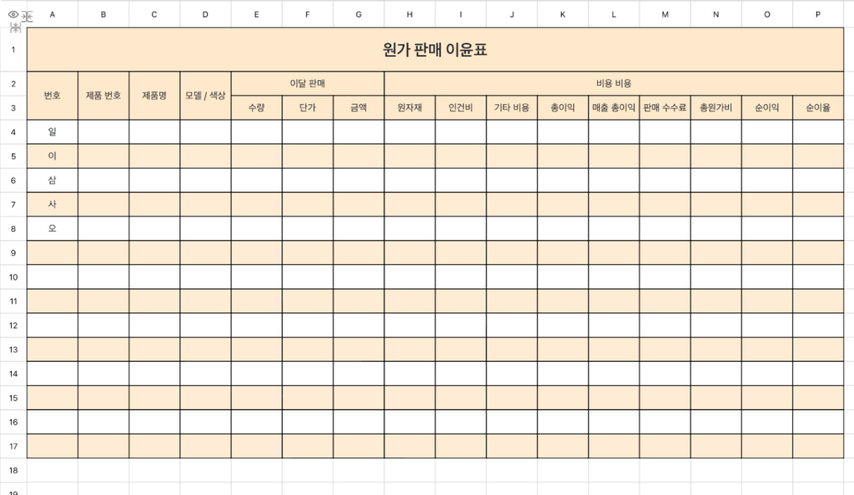 원가 판매 이윤표